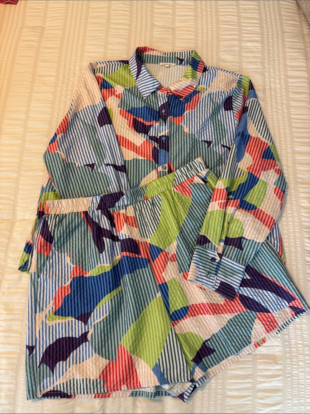 Jodifl Colorful Striped Print Button-Up Short Set SZ Large EUC